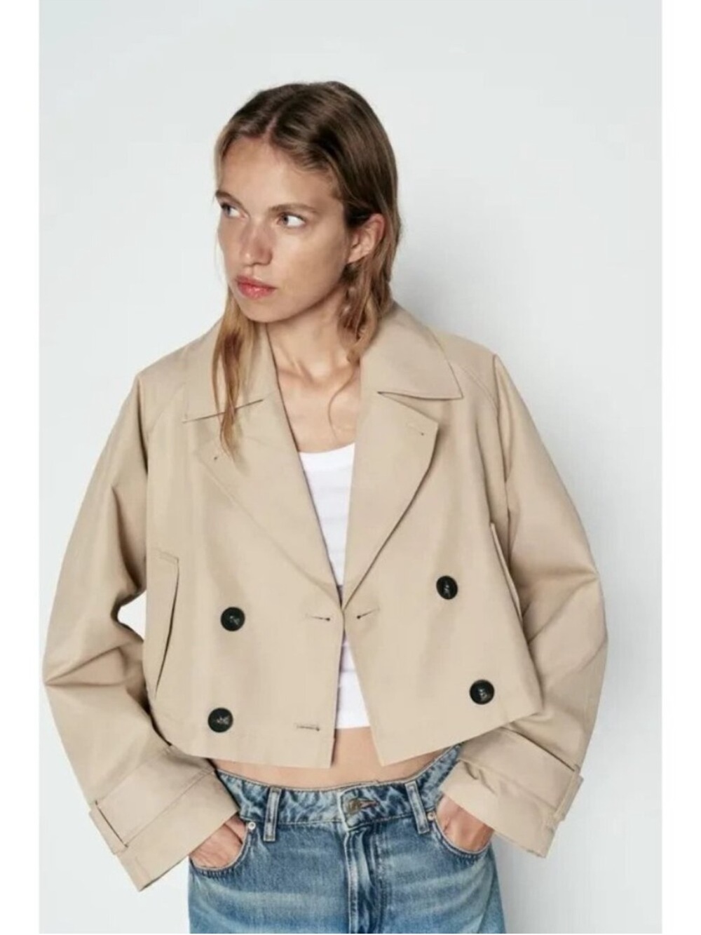 Zara cropped double breasted khaki trench coat small